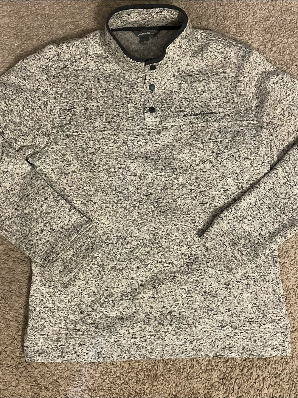 Eddie Bauer Grey Speckled Mock Snap Neck Long Sleeve Mens Pullover Large